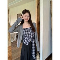 批发出大货 秋装胖mm大码女甜辣格子吊带开衫上衣两件套