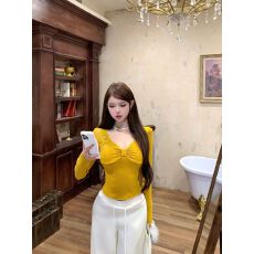 批发出大货 蕾丝拼接蝴蝶结v领长袖T恤女收腰内搭纯欲风<b class='q'>黄色</b>打底上衣