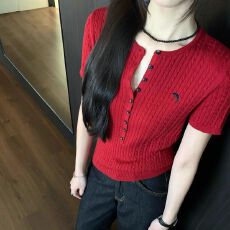 批发出大货 麻花短袖针织衫女2025<b class='q'>夏季</b>气质修身正肩t恤独特漂亮上衣