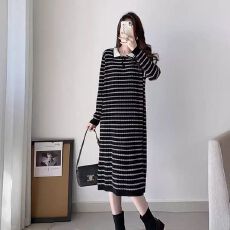 批发出大货 纯欲条纹过膝针织裙子宽松显瘦慵懒风<b class='q'>甜美</b>小众时尚a字裙