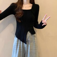 批发出大货 <b class='q'>不规则</b>开叉毛衣女内搭春季修身设计感上衣方领针织打底衫