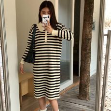 批发出大货 新款撞色条纹复古小个子短袖<b class='q'>连衣裙</b>女士<b class='q'>宽松</b>显瘦长裙子