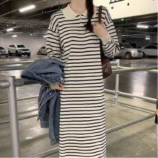 批发出大货 polo领连衣裙子女款春装2026新款条纹长袖宽松针织中长裙