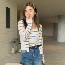 批发出大货 新款修身条纹<b class='q'>两件套装</b>针织开衫吊带背心毛衣外套薄款上衣