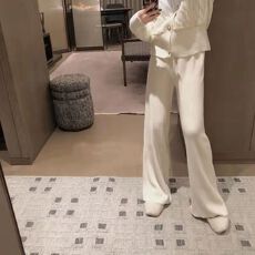 批发出大货 针织阔腿裤女加厚外穿松紧高腰拖地垂坠感宽松春季直筒裤