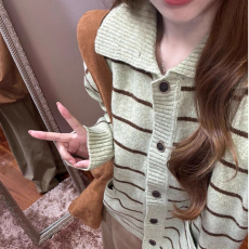 批发出大货 春季新款小个子修身显瘦撞色条纹单排扣长袖针织<b class='q'>开衫</b>潮