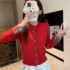 批发出大货 格纹拼接长袖毛衣外套女2026年春季显瘦百搭chic针织<b class='q'>开衫</b>