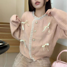 出大货 新款韩系甜美减龄可爱蝴蝶结设计花边拼接软糯针织开衫