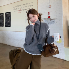 出大货 拼接半拉链高领毛衣女装2026年春季百搭宽松针织衫