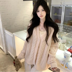 出大货 宽松爆款春季V领长袖甜美减龄毛衣外套女粉色针织上衣通勤