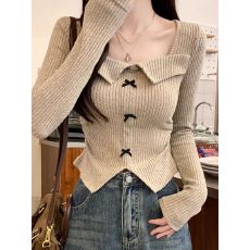 批发出大货 甜辣妹方领蝴蝶结<b class='q'>不规则</b>长袖t恤女小心机褶皱收腰上衣