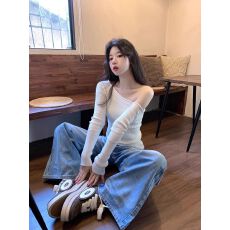 批发出大货 纯欲风一字领露肩长袖针织t恤女性感辣妹修身白色打底衫