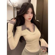 批发出大货 假两件Polo领针织衫女秋<b class='q'>冬</b>纯欲v领上衣打底衫内搭麻花毛衣