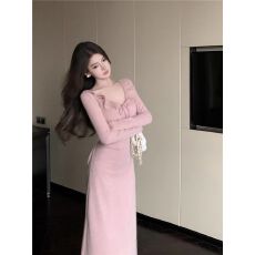 批发出大货 绑带打底长裙2025年新款纯色<b class='q'>包臀</b><b class='q'>连衣裙</b>女装粉色裙子