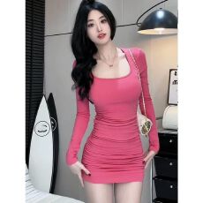 批发出大货 方领长袖<b class='q'>连衣裙</b>女秋季新款修身显瘦内搭外穿<b class='q'>包臀</b>裙短裙子