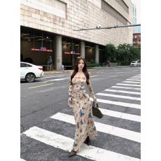 批发出大货 名媛风蝴蝶印花<b class='q'>连衣裙</b>女秋冬大码修身显瘦不规则斜肩长裙