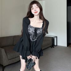 批发出大货 扎染不规则长袖<b class='q'>连衣裙</b>子女春秋2025年新款收腰蓬蓬短裙