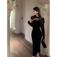 批发出大货 连衣<b class='q'>裙</b>富家千金性感蕾丝宴会气质生日礼服小黑<b class='q'>裙</b>女秋冬