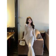 批发出大货 蕾丝拼接长袖<b class='q'>连衣裙</b>女2025新款咖色温柔减龄修身长裙