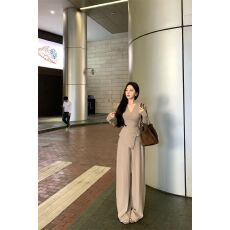 批发出大货 两件套长袖T恤上衣女<b class='q'>秋</b>季垂感休闲阔腿裤修身交叉v领气质