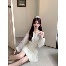 批发出大货 雪纺气质吊带挂脖露肩收腰长袖白色<b class='q'>连衣裙</b>仙女裙蛋糕裙