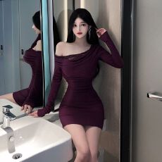 批发出大货 露肩蕾丝设计长袖内搭<b class='q'>包臀</b>裙时尚性感气质修身打底<b class='q'>连衣裙</b>