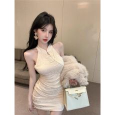 批发出大货 挂脖无袖旗袍<b class='q'>连衣裙</b>女小个子150显高收腰显瘦辣妹短裙