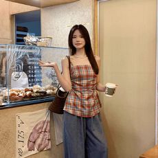 批发出大货 法式抹胸格子吊带背心无袖上衣