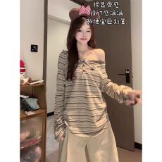 批发出大货 撞色条纹一字肩<b class='q'>长袖</b><b class='q'>T</b><b class='q'>恤</b>女装新款秋季宽松显瘦上衣