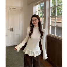 批发出大货 韩系半高领纽扣磨毛花边下摆<b class='q'>长袖</b><b class='q'>T</b><b class='q'>恤</b>女拼接<b class='q'>长袖</b><b class='q'>T</b><b class='q'>恤</b>