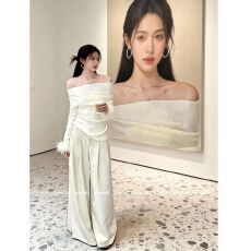 批发出大货 韩系温柔风超好看一字肩针织衫女小众漂亮<b class='q'>长袖</b>上衣