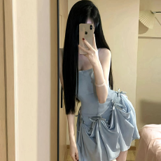 批发出大货 拉链打揽一温柔风蓝色吊带收腰长裙三穿蝴蝶结裙子