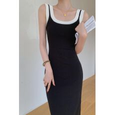 批发出大货 黑色吊带背心裙<b class='q'>女</b>夏收腰显瘦中长款无袖时尚针织连衣裙