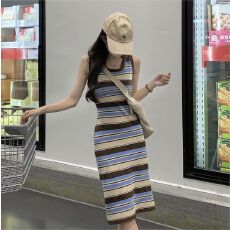 批发出大货 针织背心连衣裙女夏收腰显瘦无袖t恤裙辣妹直筒包臀长裙