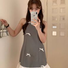 批发出大货 灰色蝴蝶结背心裙女2026夏季新款韩版A字短裙气质连衣裙