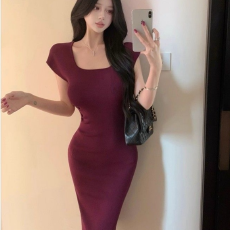 批发出大货 针织包臀连衣裙特别漂亮独特掐腰裙子法式御姐紧身长裙子