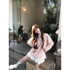 出大货 撞色条纹长袖T恤慵懒风宽松防晒罩衫粉色上衣ins