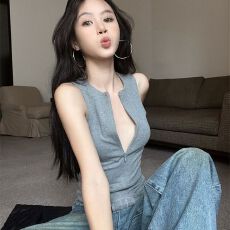 批发出大货 灰色拉链圆领无袖工字背心女美式显瘦修身上衣外穿
