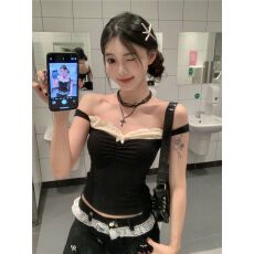 批发出大货 一字肩蕾丝拼接吊带背心女修身无袖上衣