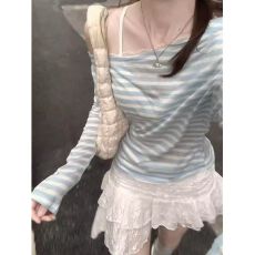 批发出大货 蓝白条纹斜肩<b class='q'>长袖</b>t恤女防晒罩衫露肩上衣