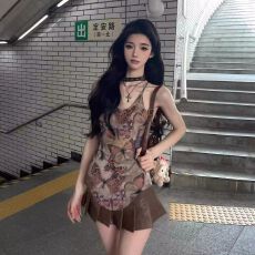 批发出大货 复古蝴蝶印花工字吊带背心女夏辣妹纯欲无袖上衣外穿