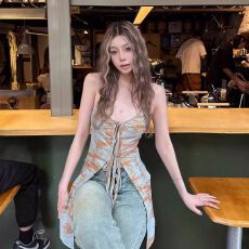 批发出大货 设计感开叉印花无袖吊带背心女夏性感辣妹露背外穿上衣