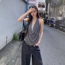批发出大货  吊带背心女新款夏外穿美背chic韩系灰色假两件无袖上衣