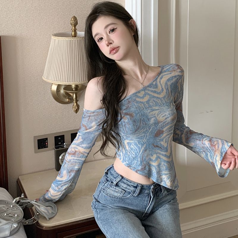BY35622# 春秋美式斜肩修身网纱上衣女设计感不规则露肩长袖T恤 服裝批發女裝批發服飾貨源