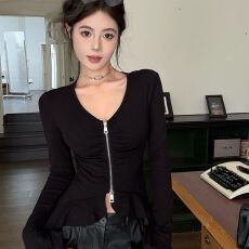 批发出大货  纯欲双拉链褶皱长袖T恤女春夏修身显瘦上衣打底衫