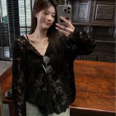 批发出大货 防晒衫长袖蕾丝衫女夏纯欲宽松气质镂空微透上衣空调衫