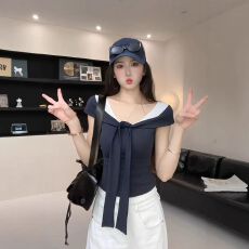 批发出大货 撞色一字肩修身t恤女2026夏季新款设计感显瘦<b class='q'>打底</b>衫<b class='q'>上衣</b>