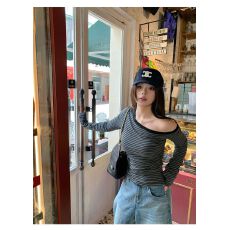 批发出大货  微胖mm设计感斜肩<b class='q'>条纹</b><b class='q'>T</b><b class='q'>恤</b><b class='q'>长袖</b>修身大码上衣秋