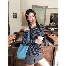 批发出大货 <b class='q'>长袖</b><b class='q'>t</b><b class='q'>恤</b>女2026新款初秋季高级小众<b class='q'>条纹</b>露肩斜肩上衣