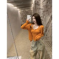 批发出大货 橘色慵懒辣妹长袖<b class='q'>开衫</b>女秋季新款